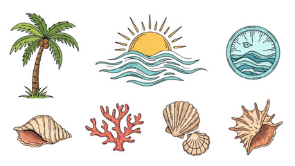 Obraz premium Tropical seashells and coral on a sunny beach scene with palm