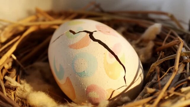 A tender timelapse of a decorated easter egg cracking open with a tiny chick emerging and becoming fluffy in warm sunlight, concept of easter miracle and new life