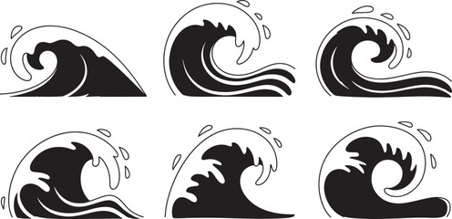 Fototapeta premium Six black and white wave with splashes waves ocean