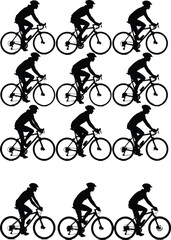 Obraz premium WebSeamless Cyclist Silhouette Pattern with Repeating Bicycle Riders for Fitness, Sport, and Active Lifestyle Background, Modern Black and White Cycling Design Texture
