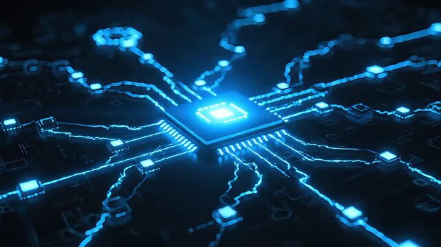 Close-up of a glowing blue central processing unit (CPU) chip with intricate circuits and connections, representing technology and data processing.