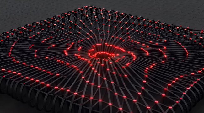 Abstract representation of neural network with a centralized vortex of red lights