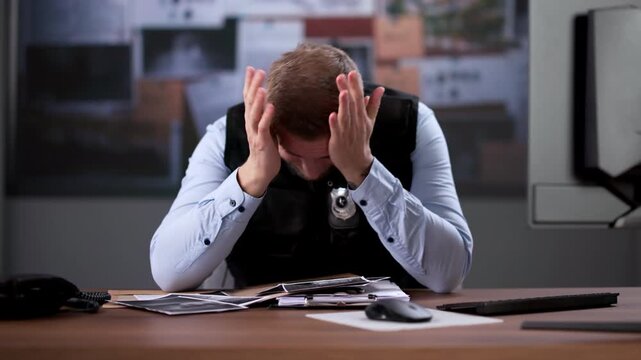 Stressed Detective At Police Station Working