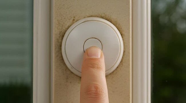 Close up shot of a finger pressing a doorbell button outside a house
