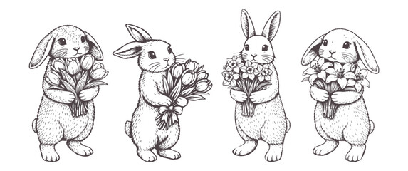 Obraz premium Set of cute rabbits holding a bouquet vector doodle sketch