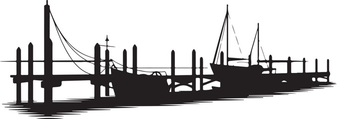 Black silhouette of boats docked at a pier