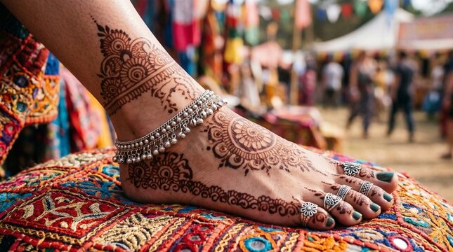  Festival Spirit: Hand-Painted Henna with Anklet and Toe Rings