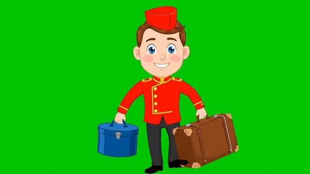 A cheerful cartoon doorman holds luggage on a Video greenscreen