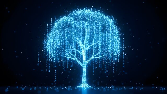 Digital tree formed by binary code and falling numbers. Big data storage and ecological technology. Luminous willow tree growing from computer data on a dark night