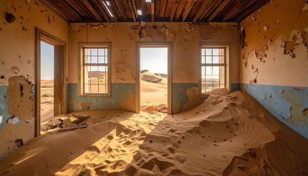Abandoned room with sand-filled interior and open doors