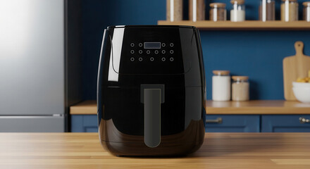 Black air fryer with digital controls placed on wooden countertop in modern kitchen, blue wall and jars visible in the background