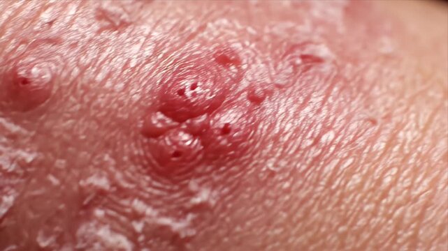 Extreme Macro Close Up of Inflamed Skin Showing Red Papules Folliculitis and Dry Flaky Patches with Visible Hairs Against a Black Background
