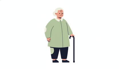 Obraz premium Elderly woman with walking cane. Minimalist flat design vector illustration of a senior person. Isolated character for healthcare and retirement concepts
