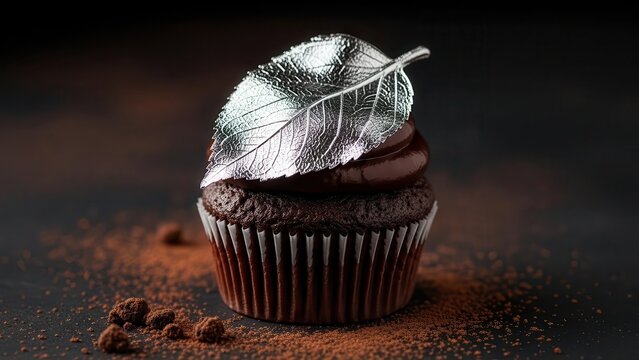 A chocolate cupcake with silver decorative leaf on top and cocoa powder on dark surface