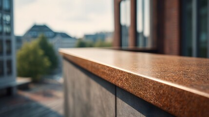 Close up of a speckled granite ledge highlighting its rich texture against a blurred urban background
