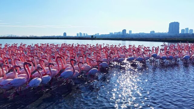 A stunning sight unfolds as a large flock of flamingos rests in tranquil waters, sparkling under the midday sun, with a city skyline creating a beautiful backdrop of urban life.