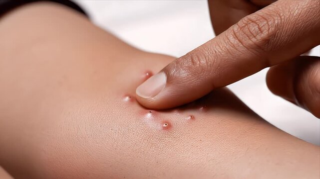 Macro Close Up Of Light Human Skin Showing Multiple Red Inflamed Bumps And Pustules With A Finger Gently Touching The Affected Area Detailed Texture And Clear View Of Skin Condition