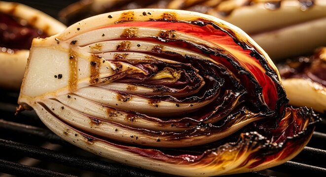 Grilled Castelfranco Radicchio With Pale Red Leaves And Charred Edges, Smoky Bitter-Sweet Flavor, A Stylish Seasonal Vegetable Perfect For Modern Cuisine And Artistic Food Photography