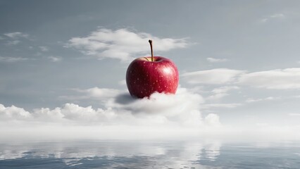 Large red apple floating on a cloud above a calm ocean with a clear sky and soft clouds reflecting in the water surface
