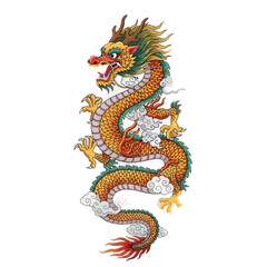 Fototapeta premium Vibrant dragon illustration with orange, green, and white scales on a plain white background.