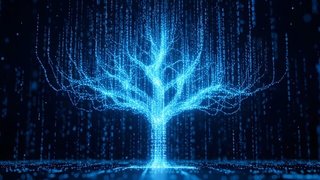 Matrix tree formed from falling blue binary code and data. Software architecture and digital growth. Cyber tree structure appearing out of raining computer numbers and pixel streams.