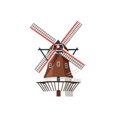 Illustration of a traditional Dutch windmill with a brown body and red accents on its blades against a white background.