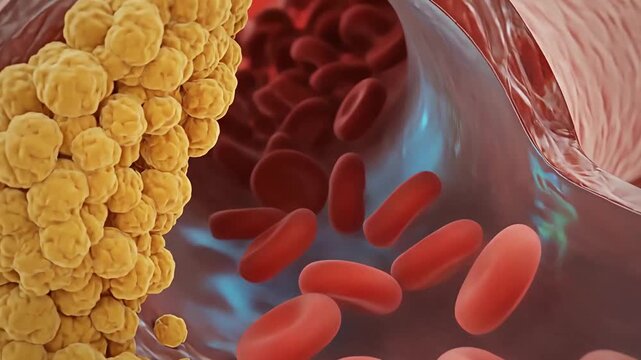 Yellow plaque builds up inside a cut artery with red blood cells flowing