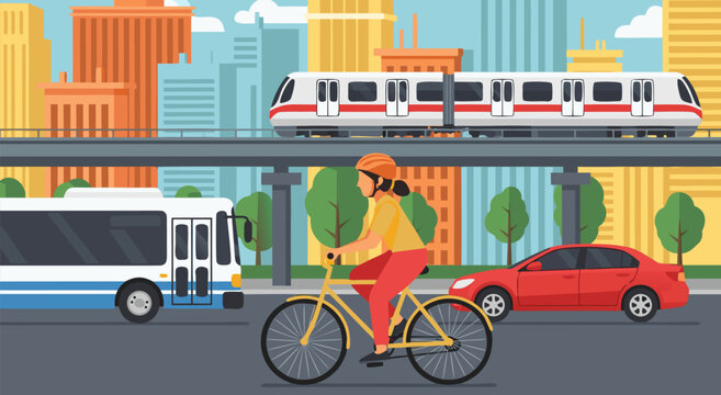City transportation vector illustration showing a woman cycling in front of a bus, train, and car, representing urban commuting and sustainable transit options