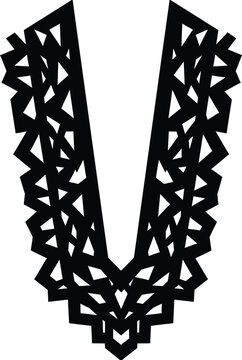 Intricate black and white geometric neckline pattern for textile design and embroidery projects with a modern v-neck shape.