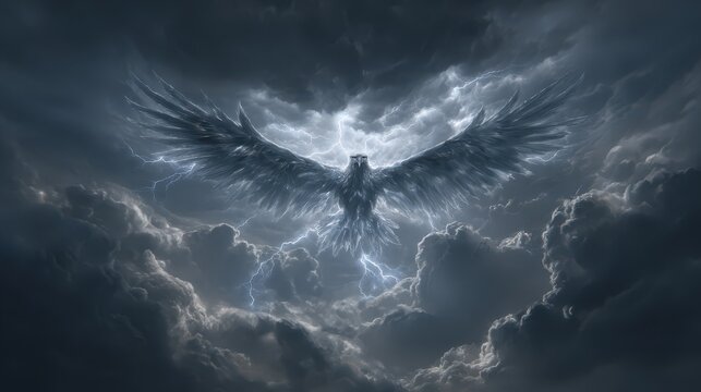 Bird flies in stormy sky with dark clouds and bright lightning at a specific moment of day