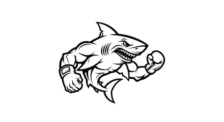 Naklejka premium Muscular Shark Mascot Flexing Biceps in Boxing Pose