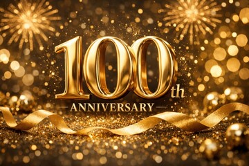 Golden 100th anniversary celebration with fireworks glitter lights and ribbon festive background glow