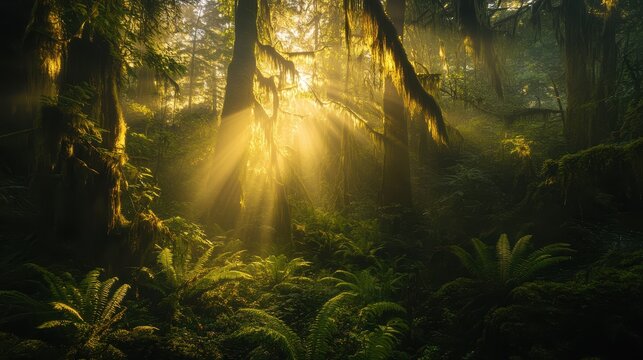 Sunlight filters through tall trees in a dense forest showcasing natural beauty in the morning hours