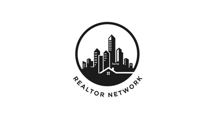 Obraz premium Realtor Network City Skyline Logo with House Icon for Real Estate Business
