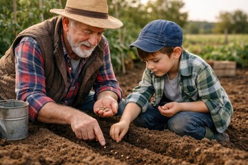 Grandfather and grandson planting seeds together in spring garden