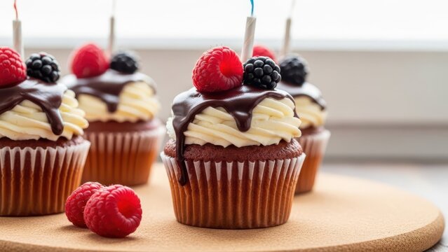 Delicious cupcakes with white frosting and chocolate drizzle topped with berries on a wooden board