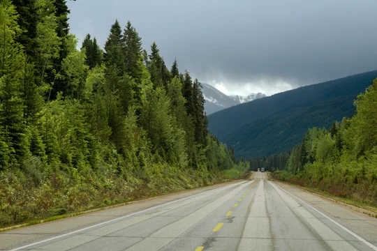 Canada, BC, Valemont. Trans Canada Highway 16 entering Mt Robson National Park in the Canadian Rockies.