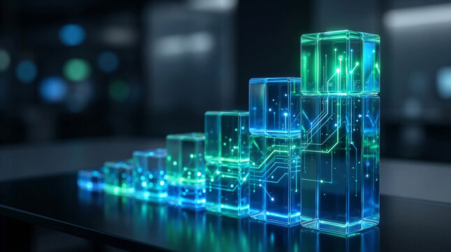 Futuristic digital data processing and analytics visualization, showcasing progressive growth and advanced technological innovation within a secure, interconnected cybernetic framework