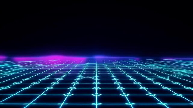 Retro-futuristic geometric grid lines with soft neon gradients pulsing rhythmically