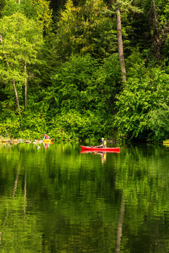 Canada, BC, Kamloops.  Heffley Lake.  Man paddling canoe on calm waters of Heffley Lake.