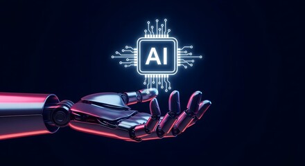 A robotic hand holding a glowing digital artificial intelligence microprocessor chip icon.