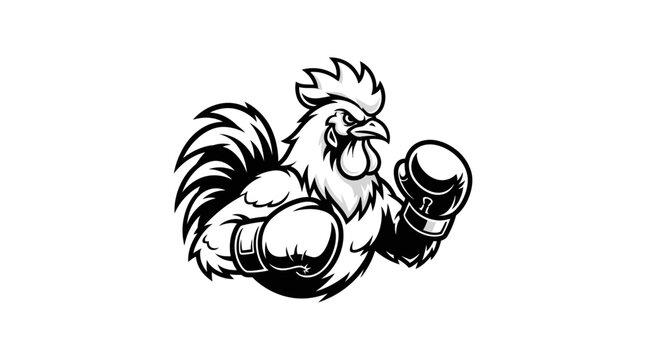 Rooster Boxing Mascot Black and White Illustration