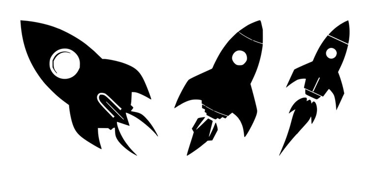Rocket ship icon set with minimalist black silhouette featuring diagonal launch, circular porthole, engine blast lines with clean lines and flat graphic style