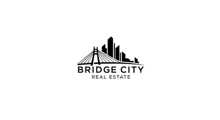 Naklejka premium Bridge City Real Estate Logo with Urban Skyline and Suspension Bridge Silhouette