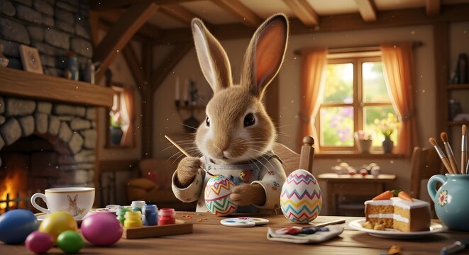 Easter bunny decorating an easter egg in a cozy room
