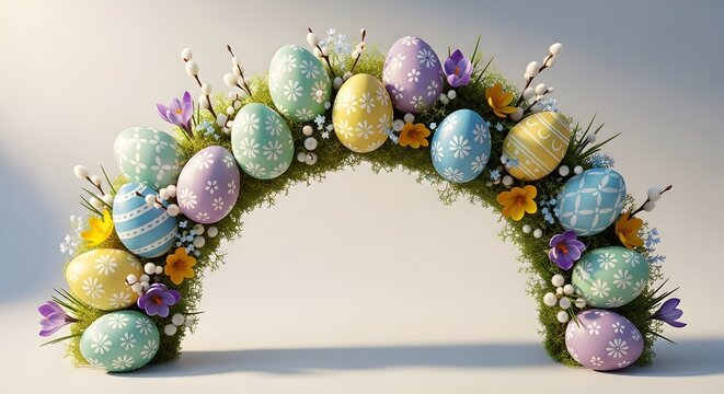 Easter egg arch with floral arrangement and pastel colors