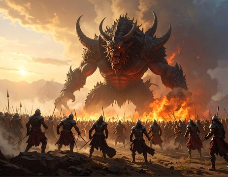 A dark fantasy scene depicting warriors facing a gigantic monster