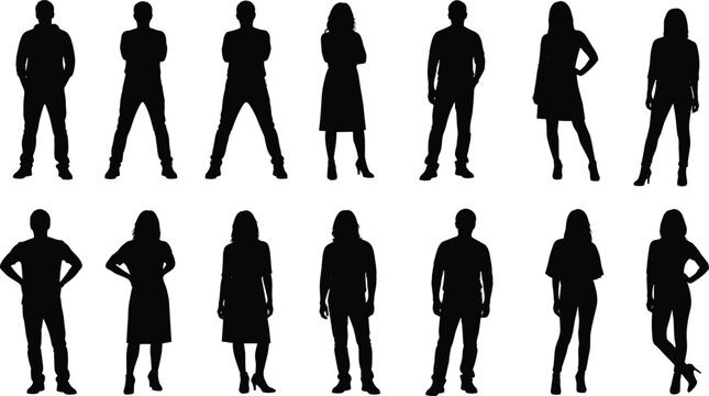 Vector illustration of human silhouettes showing diverse standing poses with clothing outlines and gestures symbolizing society