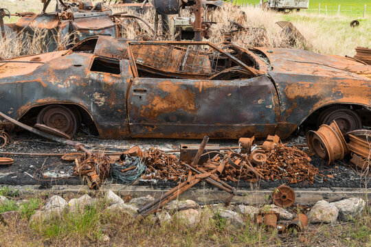 Canada, BC, Ashcroft.  Rusted remains of burned up automobile.