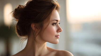 Naklejka premium Profile portrait of a beautiful young woman looking out a window with soft warm ambient light